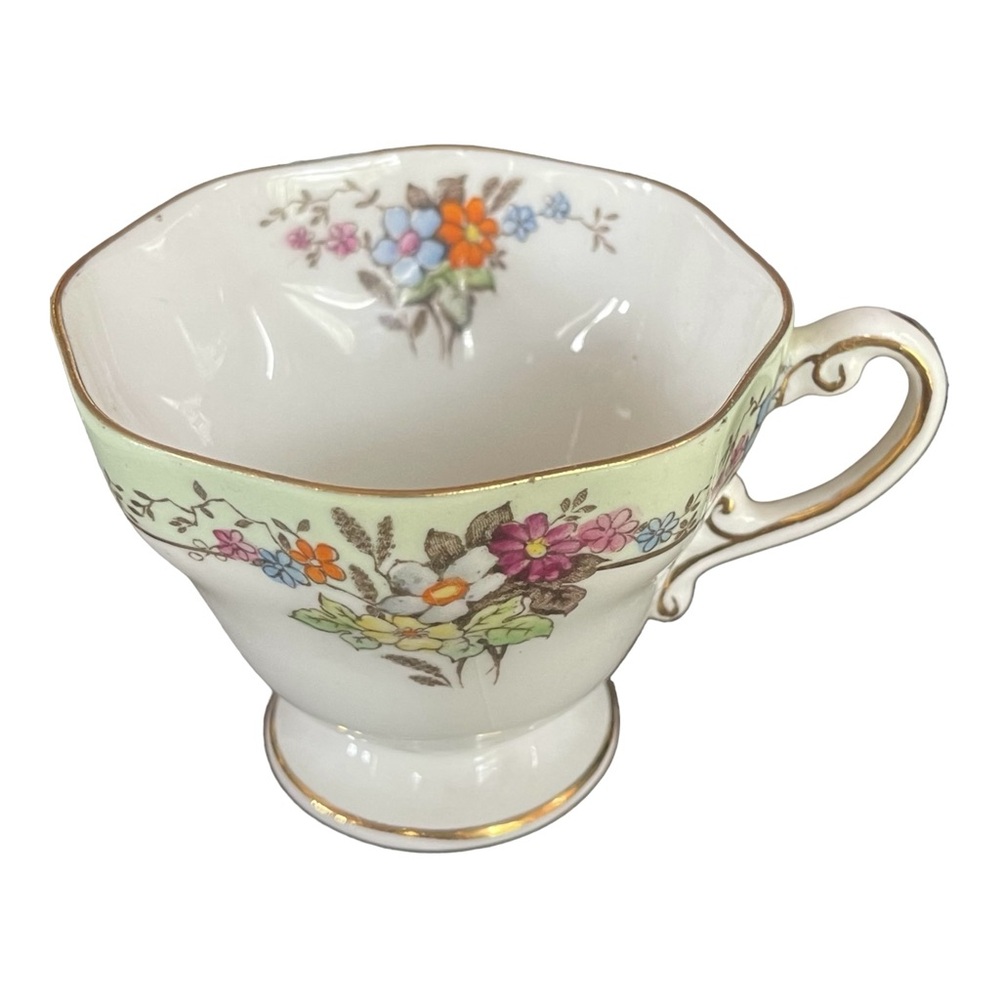 Vintage Foley Tea Cup Floral English Bone China Green and Gold Trim